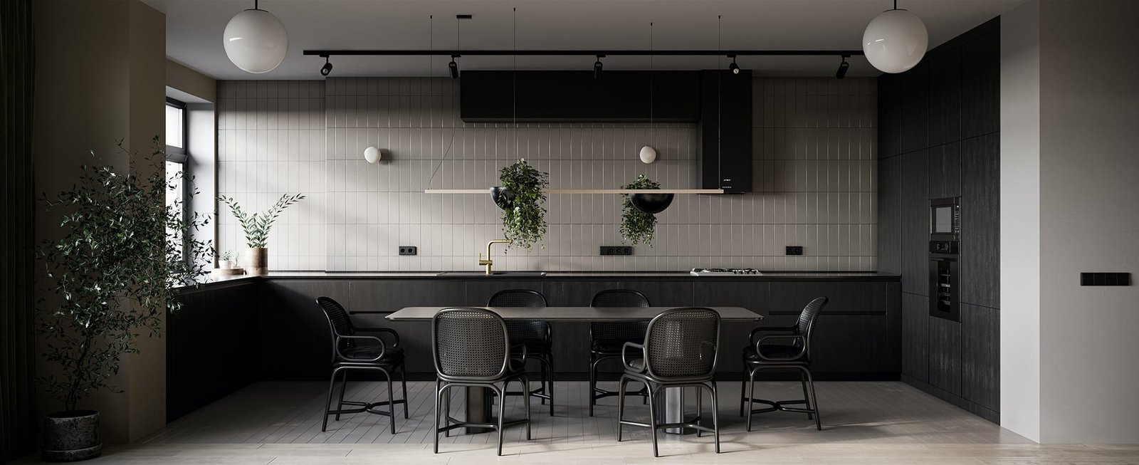 Black modern kitchen. Kitchen extension.